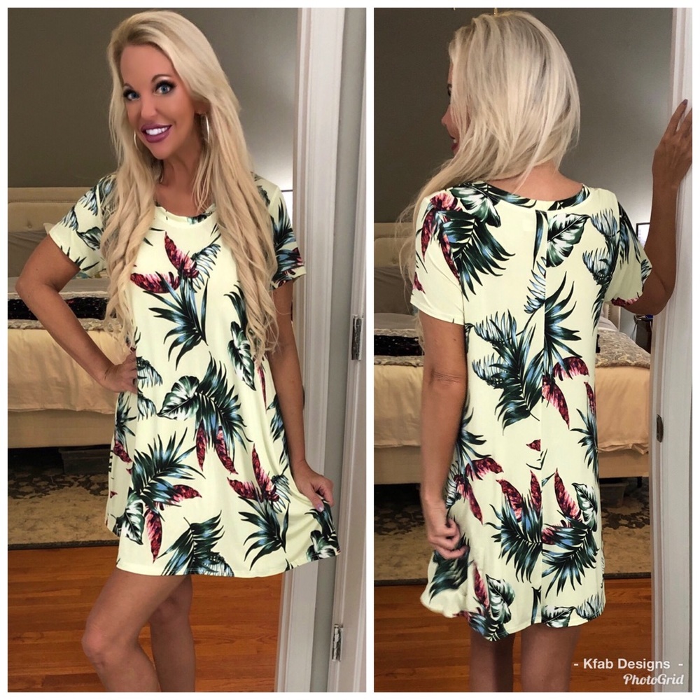 🛍LAST 1! Lime Palm Leaves Swing Pocket Dress! - Picture 3 of 5
